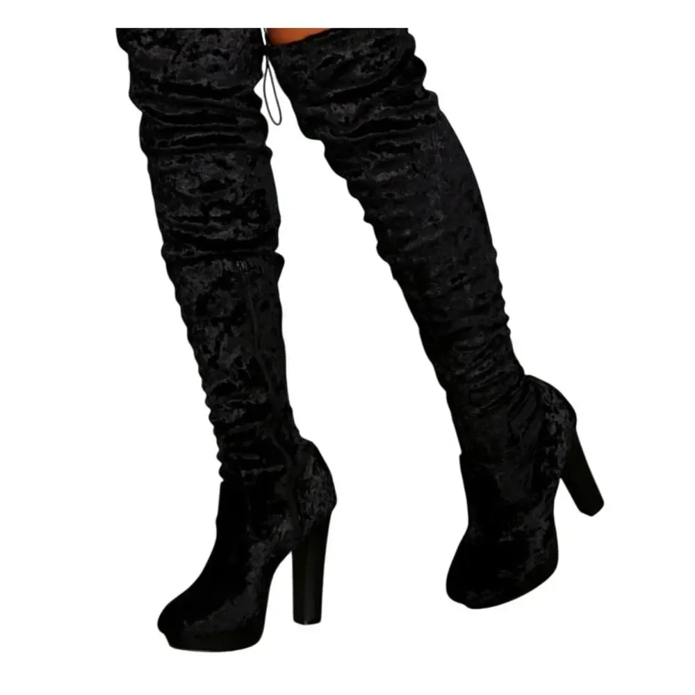 Cape Robbin Crushed Velvet Platform Boots 5.5 Black WhimsiGoth Tall Over Knee